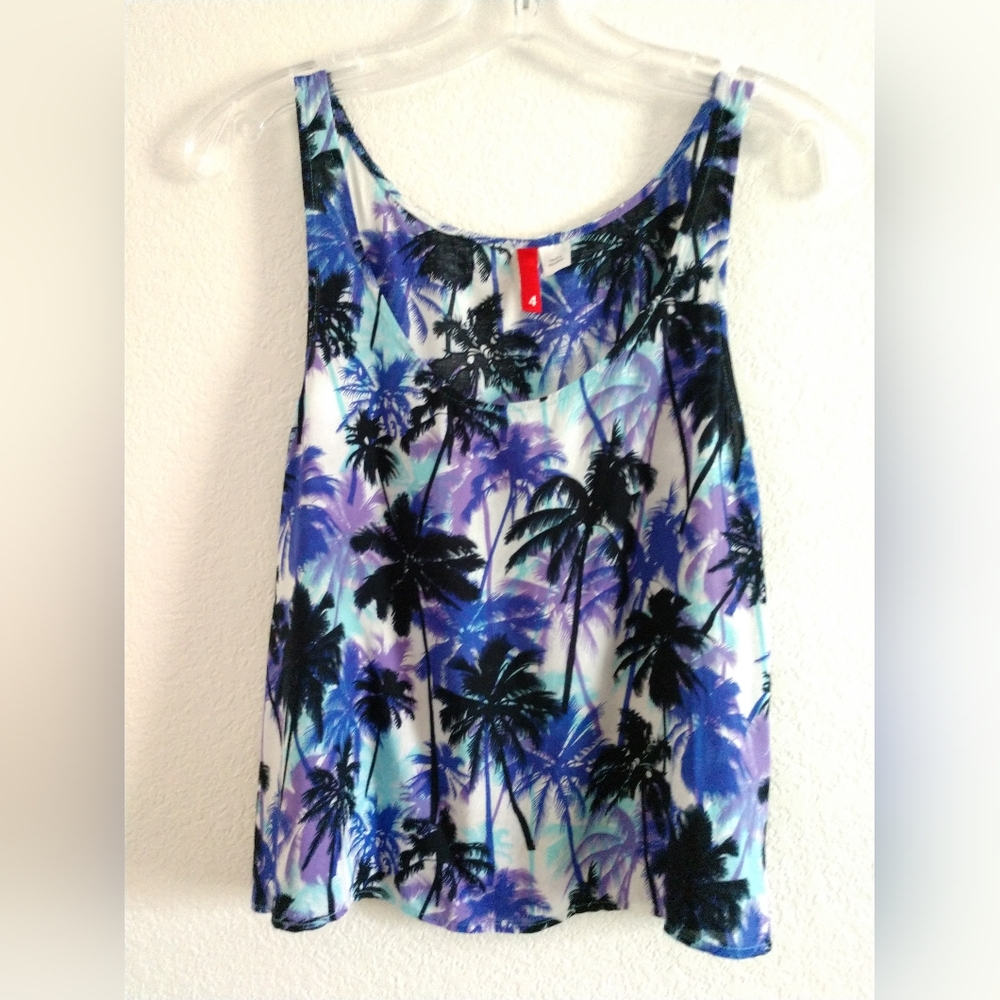 Cute H&M Hawaiian CROPPED Tank Top Shirt Blue Purple Palm Trees Size 4 Chest 30"